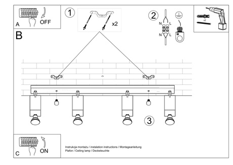 Plafond MERIDA 4L gris + 4x Bombilla LED GU-10 4000K Fría 7W 630lm
