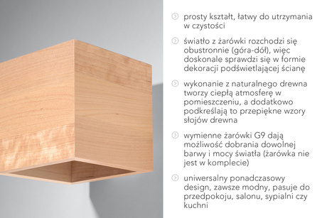 Aplique QUAD madera natural + 1x bombilla LED G9 3000K Warm 4.5W 510lm