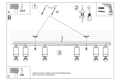Plafond MERIDA 6L gris + 6x Bombilla LED GU-10 4000K Fría 7W 630lm