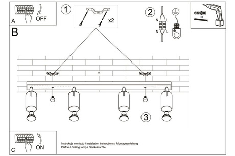 Plafond NERO 4 negro/cromo + 4x bombilla LED GU-10 4000K Fría 7W 630lm