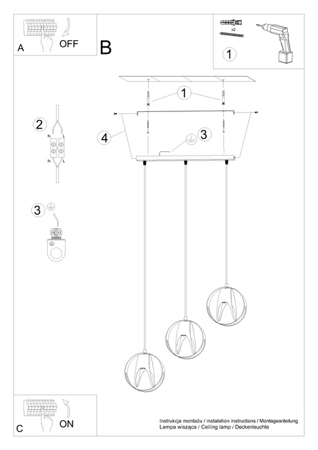 Lámpara colgante TULOS 3L negra + 3 bombillas LED E27 4000K Fría 7,5W 650lm