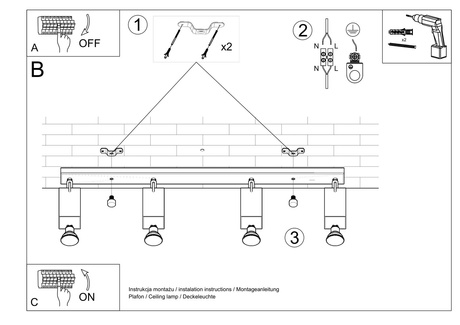 Plafond MERIDA 4L gris + 4x Bombilla LED GU-10 4000K Fría 7W 630lm