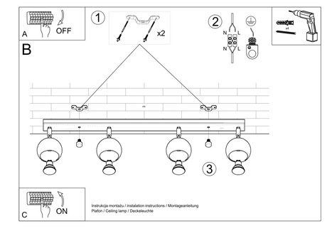 Plafond OCULARE 4L negro + 4x Bombilla LED GU-10 3000K Cálida 7W 620lm