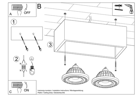 Plafond QUATRO 2 hormigón + 2x bombilla LED GU10 AR111 3000K Cálido 12W 800lm