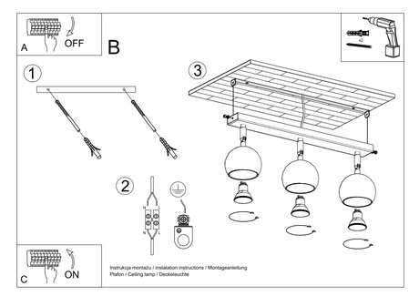 Plafond OCULARE 3 negro + 3x Bombilla LED GU-10 3000K Cálido 7W 620lm