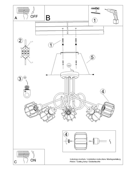 Lámpara de araña BELUCI 5S negra + 5 bombillas LED E14 3000K Cálida 7,5W 620lm