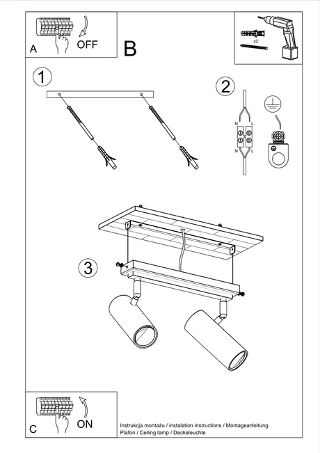 Plafond DIREZIONE 2 blanco +2x Bombilla LED GU-10 3000K Cálido 7W 620lm