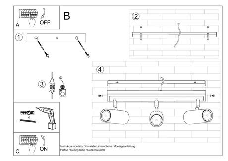 Plafond DIREZIONE 3 negro + 3x bombilla LED GU-10 3000K Cálido 7W 620lm
