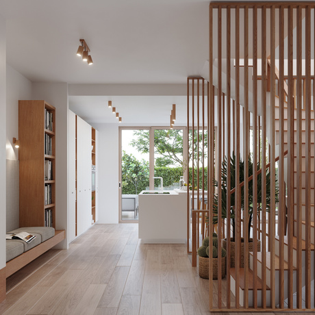 Plafond ZEKE 4 roble + 4x bombilla LED GU-10 4000K Fría 7W 630lm