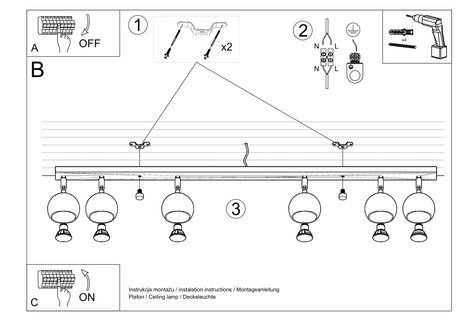 Plafond OCULARE 6L blanco + 6x Bombilla LED GU-10 3000K Cálida 7W 620lm