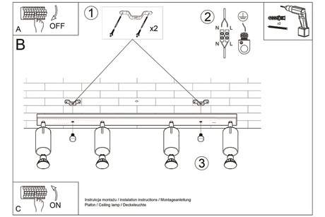 Plafond NERO 4 negro/oro + 4x bombilla LED GU-10 4000K Fría 7W 630lm