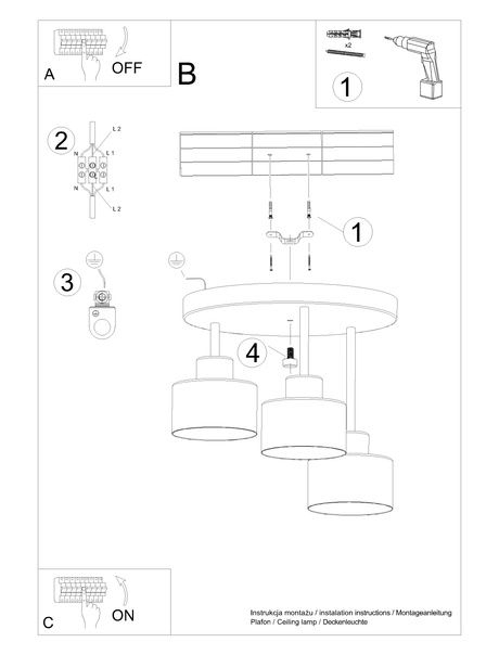 Plafond SAVAR 3 negro + 3x bombilla LED E27 3000K Cálido 7,5W 620lm
