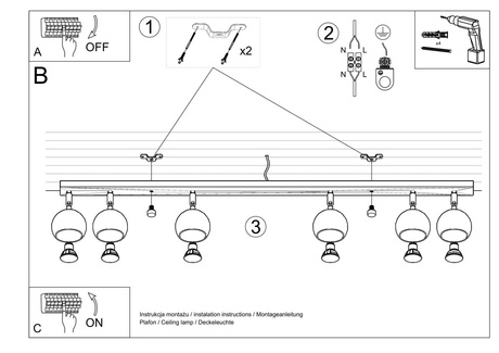 Plafond OCULARE 6L negro + 6x Bombilla LED GU-10 4000K Fría 7W 630lm