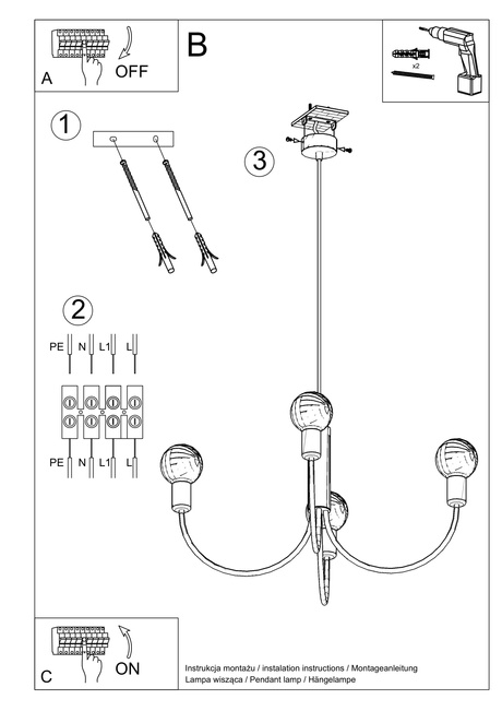 Lámpara de araña PICCOLO 3 + 3x bombilla LED E27 3000K Cálida 7,5W 620lm
